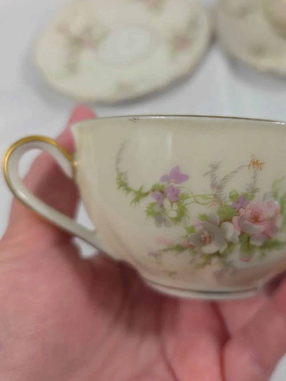 TWO Haviland Rosalinde (New York) Cup & Saucer Sets Pink & Lavendar Flowers